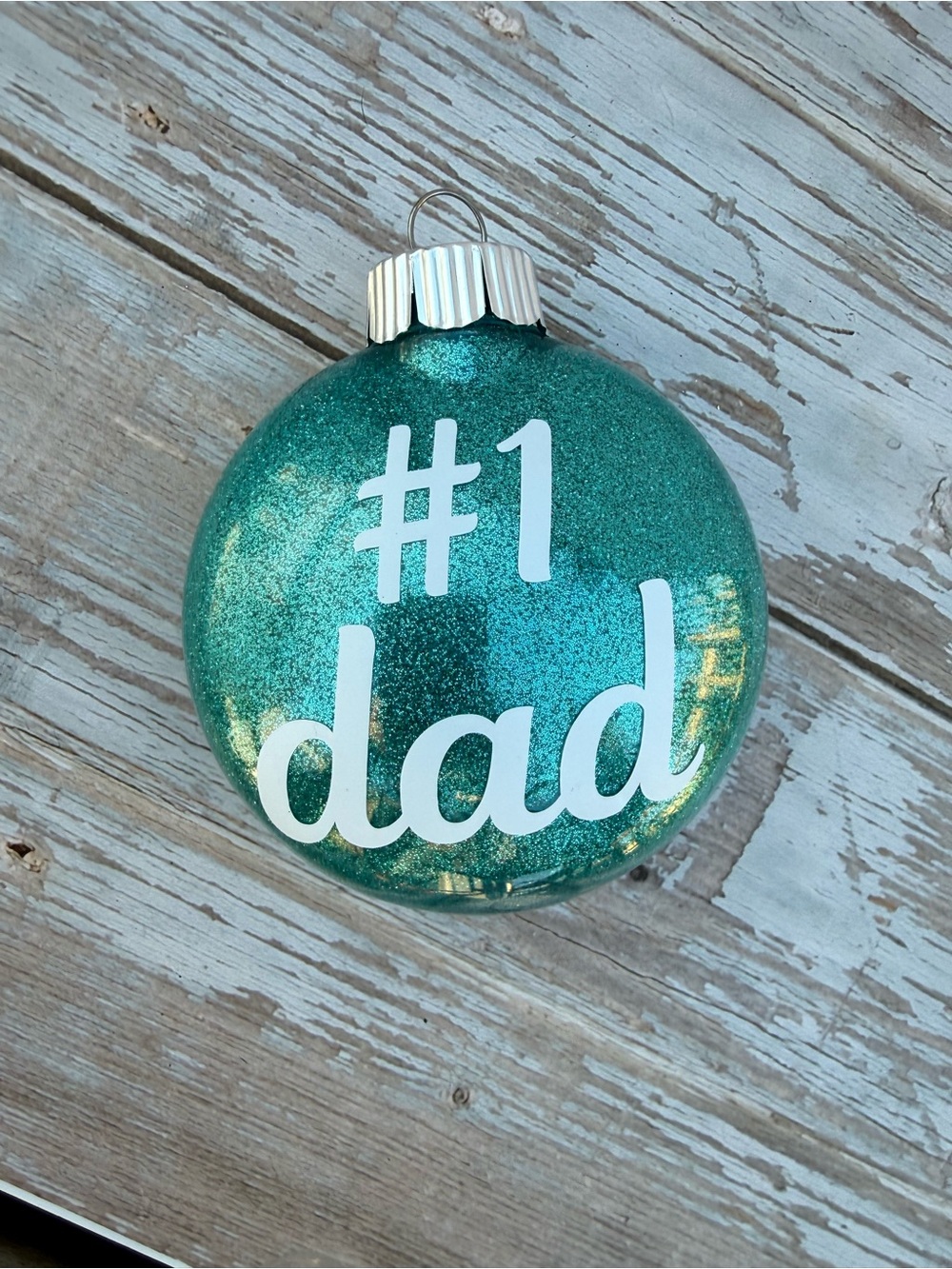 #1 Dad Teal Glitter Holiday Ornament, 3” disc ornament